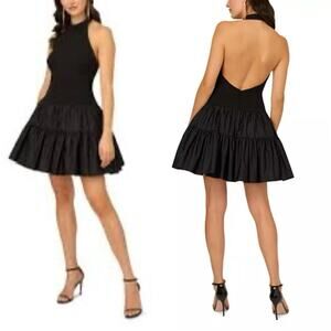 LIV FOSTER 12 $220 STRETCH CREPE HALTER DRESS WITH TUTU SKIRT IN BLACK